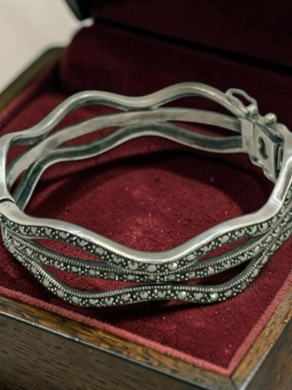Sterling Silver Marcasite Wave Cuff Bracelet - Silver  925 35g 8"